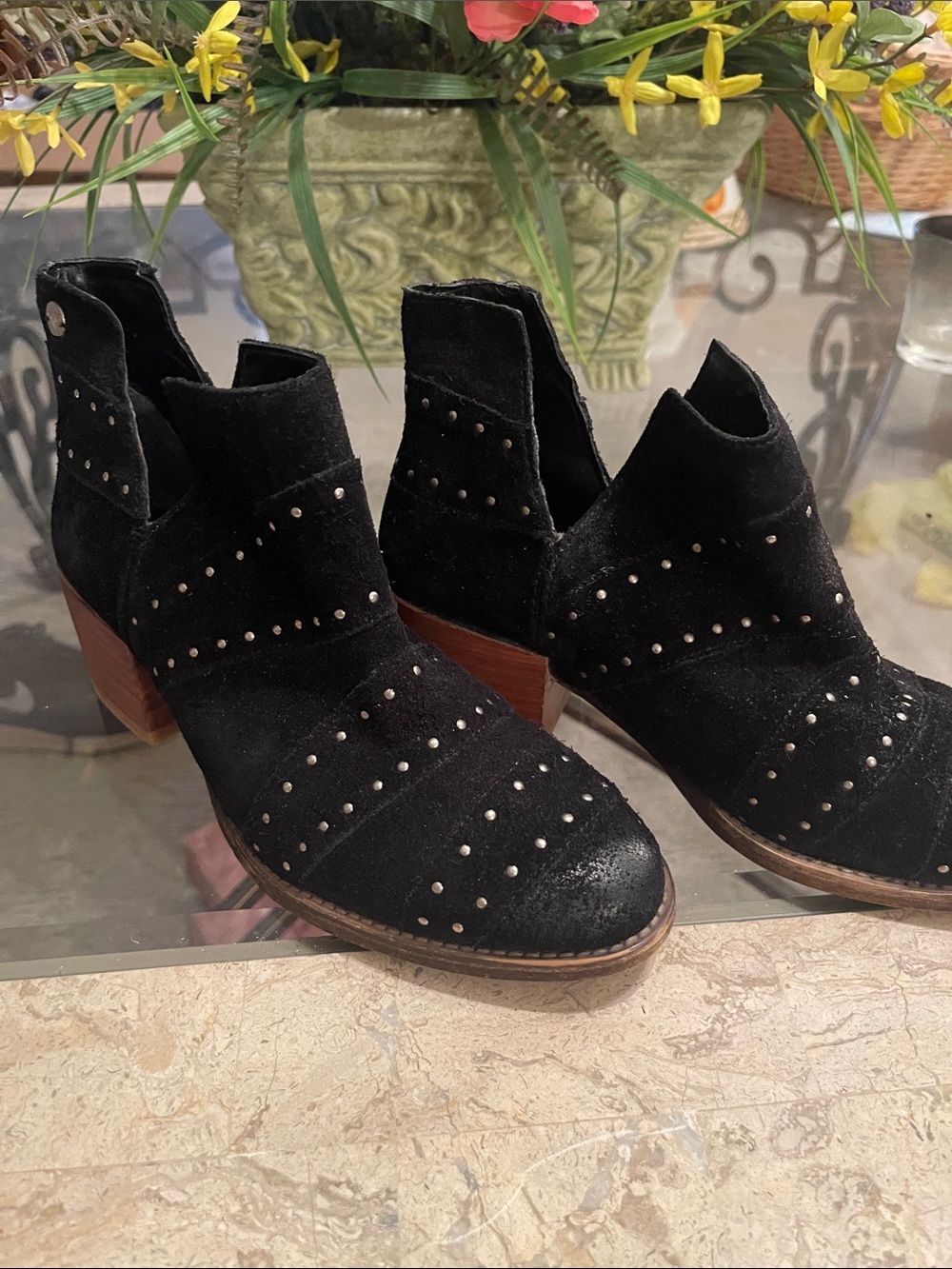 Roxy Black Suede Studded Ankle Booties with Brown Heel